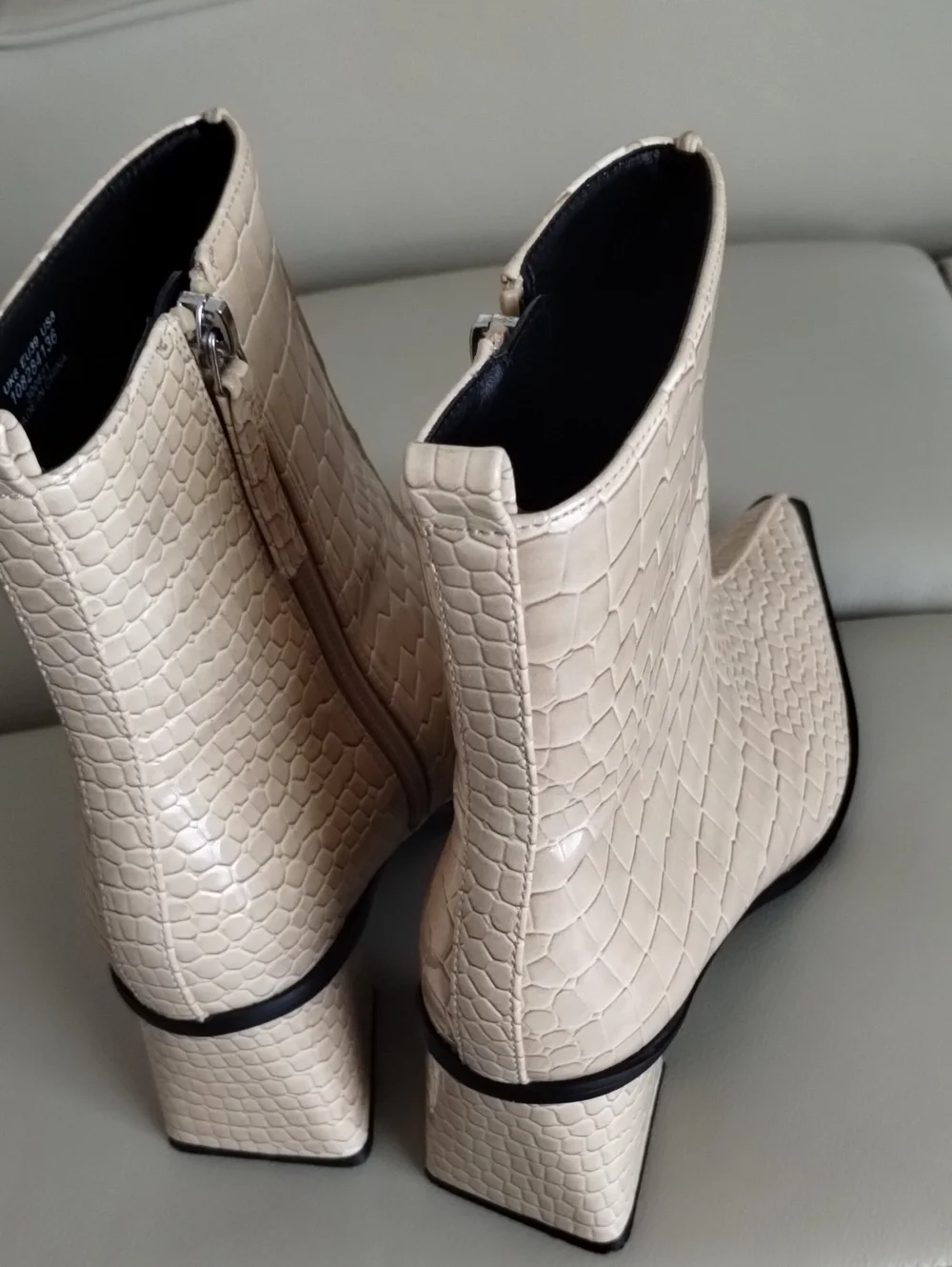 Topshop Cream Croc-Effect Square Toe Ankle Boots